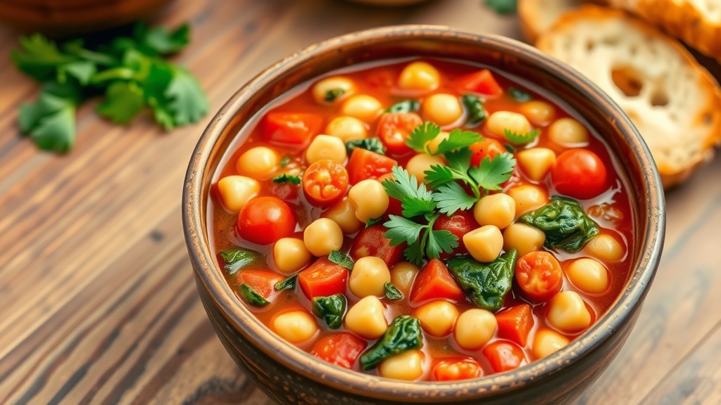Hearty Chickpea Stew with Spinach and Tomatoes A bowl of chickpea stew with spinach and tomatoes, garnished with parsley, served with bread on a wooden table.